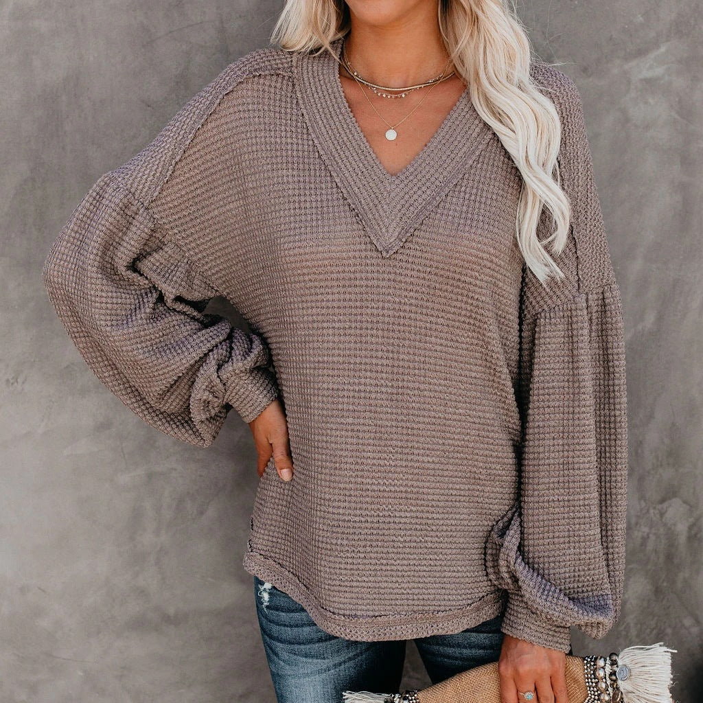 Loose V-Neck T-Shirt - Lantern Sleeve Top | Lightweight Polyester Pullover