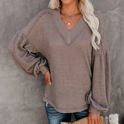 Loose V-Neck T-Shirt - Lantern Sleeve Top | Lightweight Polyester Pullover
