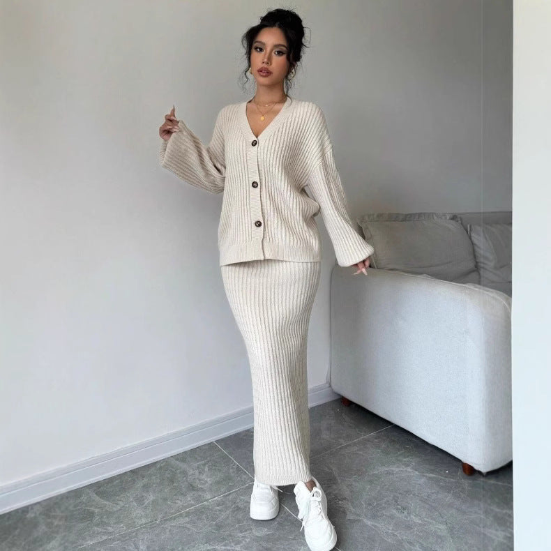 Women's Sweater Skirt Set - Casual Solid Color Two Piece Apricot Cardigan & Midi Skirt