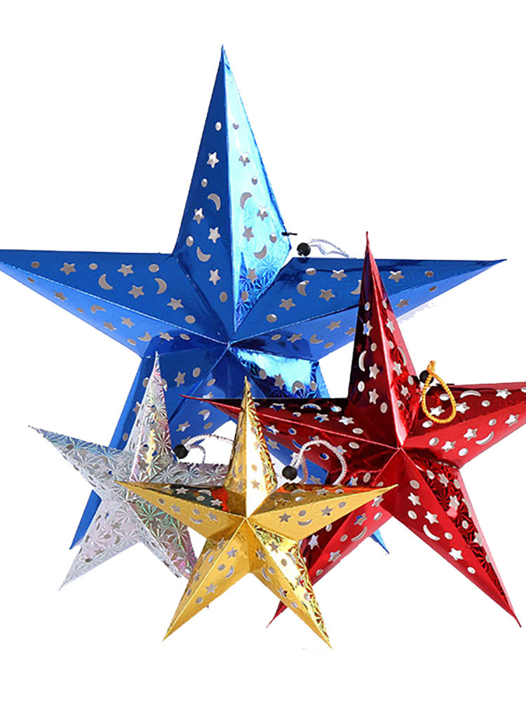 Colorful metallic star-shaped paper lanterns in blue, red, gold, and silver with moon and star cutout patterns