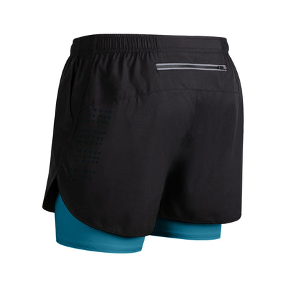 Black running shorts with teal compression inner lining, elastic waistband, back zip pocket, and side ventilation