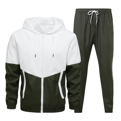 Two-piece men's activewear set with white and dark green zip hoodie and matching jogger pants