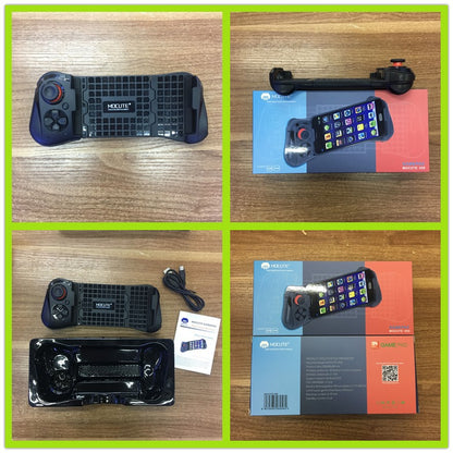 MOCUTE wireless gamepad controller shown unpacked and in packaging on wooden surface