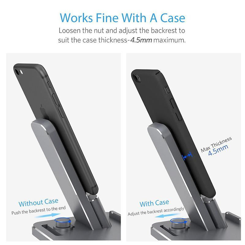 Adjustable phone stand showing compatibility with and without case up to 4.5mm thickness