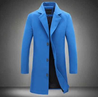Mens Woolen Coat - Casual Business Medium Length Solid Color Outerwear