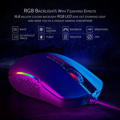 RGB gaming mouse with 7 lighting effects and vibrant multicolor LED backlights