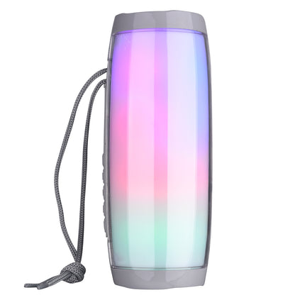 Portable wireless Bluetooth speaker with colorful LED light display and gray carrying strap