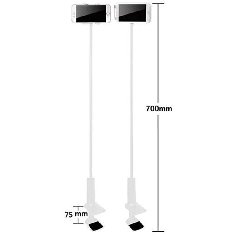 Two white adjustable phone holders with clamp bases holding phones horizontally, 700mm height, 75mm clamp size