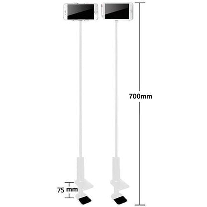Two white adjustable phone holders with clamp bases holding phones horizontally, 700mm height, 75mm clamp size