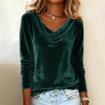 Fashion Women's Solid Color Draped Neck Long Sleeve Velvet T-shirt