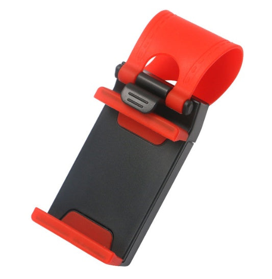 Red and black bike phone mount holder with adjustable clamp for handlebars