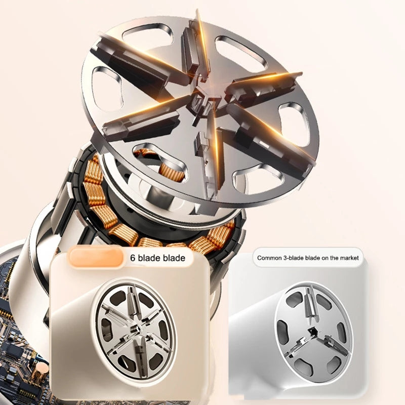 Close-up of a 6-blade electric motor component compared with a common 3-blade motor blade design