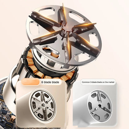 Close-up of a 6-blade electric motor component compared with a common 3-blade motor blade design