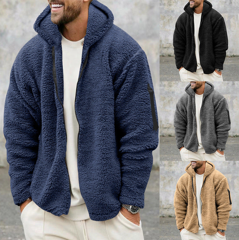 Men's soft fleece hooded jacket with zippered sleeve pocket in navy, black, gray, and tan colors