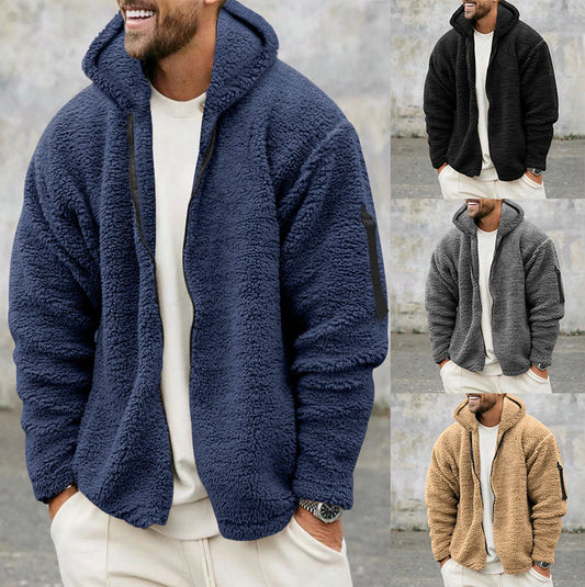 Men's soft fleece hooded jacket with zippered sleeve pocket in navy, black, gray, and tan colors