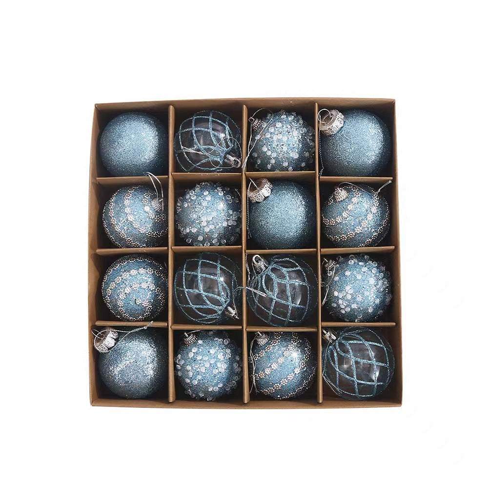 Box of 16 assorted blue Christmas ornaments with glitter and decorative patterns