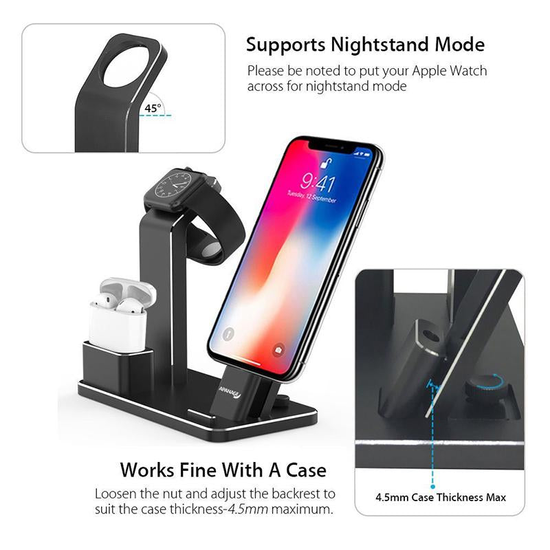 Black 3-in-1 charging stand for iPhone, Apple Watch, and AirPods with adjustable backrest and nightstand mode support