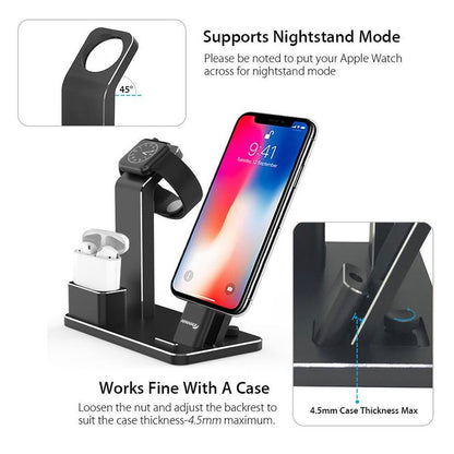 Black 3-in-1 charging stand for iPhone, Apple Watch, and AirPods with adjustable backrest and nightstand mode support