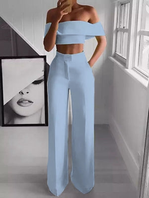 Women's Pantsuit Set – Cropped Top Outfit & Wide-Leg Pants | Green Polyester Fiber Clothes
