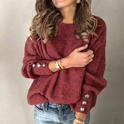 Long Sleeve Knit Shirt - Round Neck Button Knit Tee | Loose Fit Cotton Blend