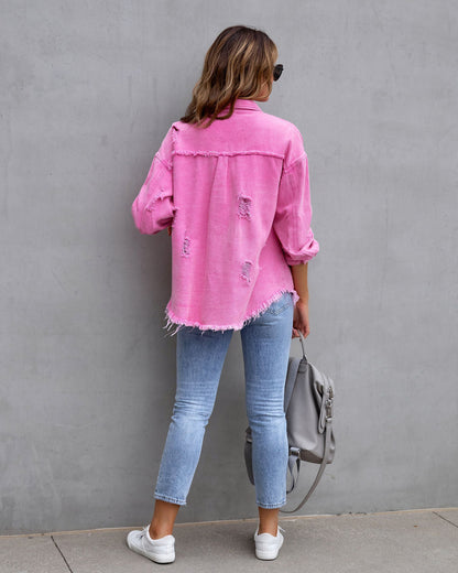 Ripped Shirt Jacket | Casual Womens Tops | Loose Fit Coat For Autumn Spring