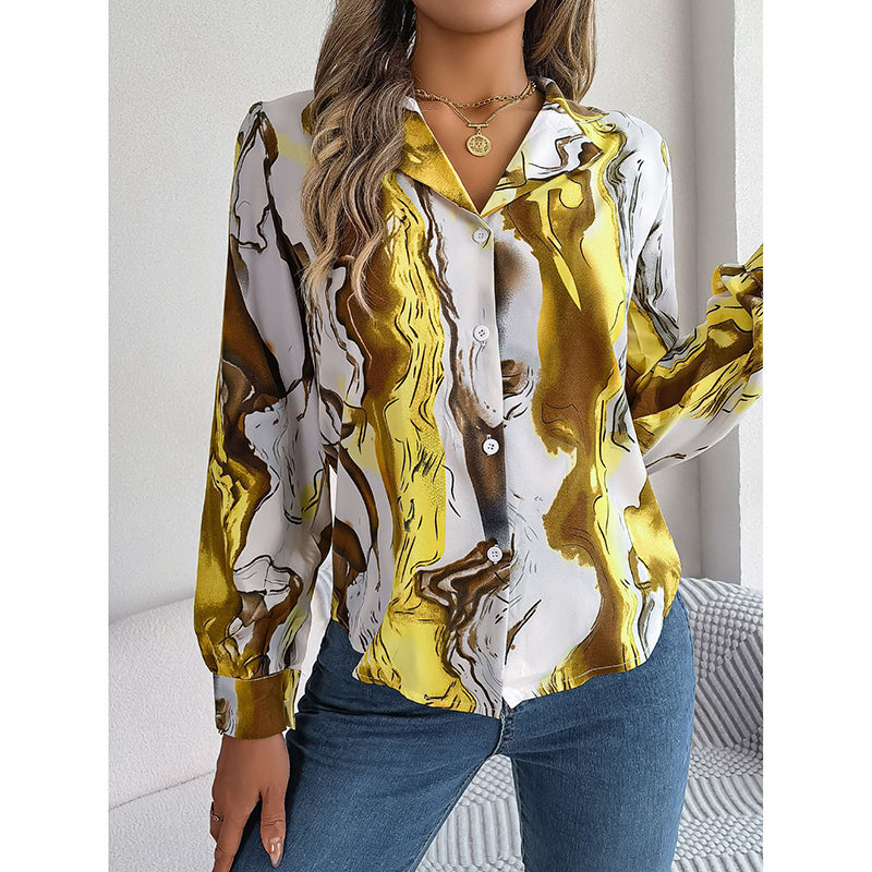 Printed Button Down Shirt - Women's Fall Tops With V Neck & Long Sleeves
