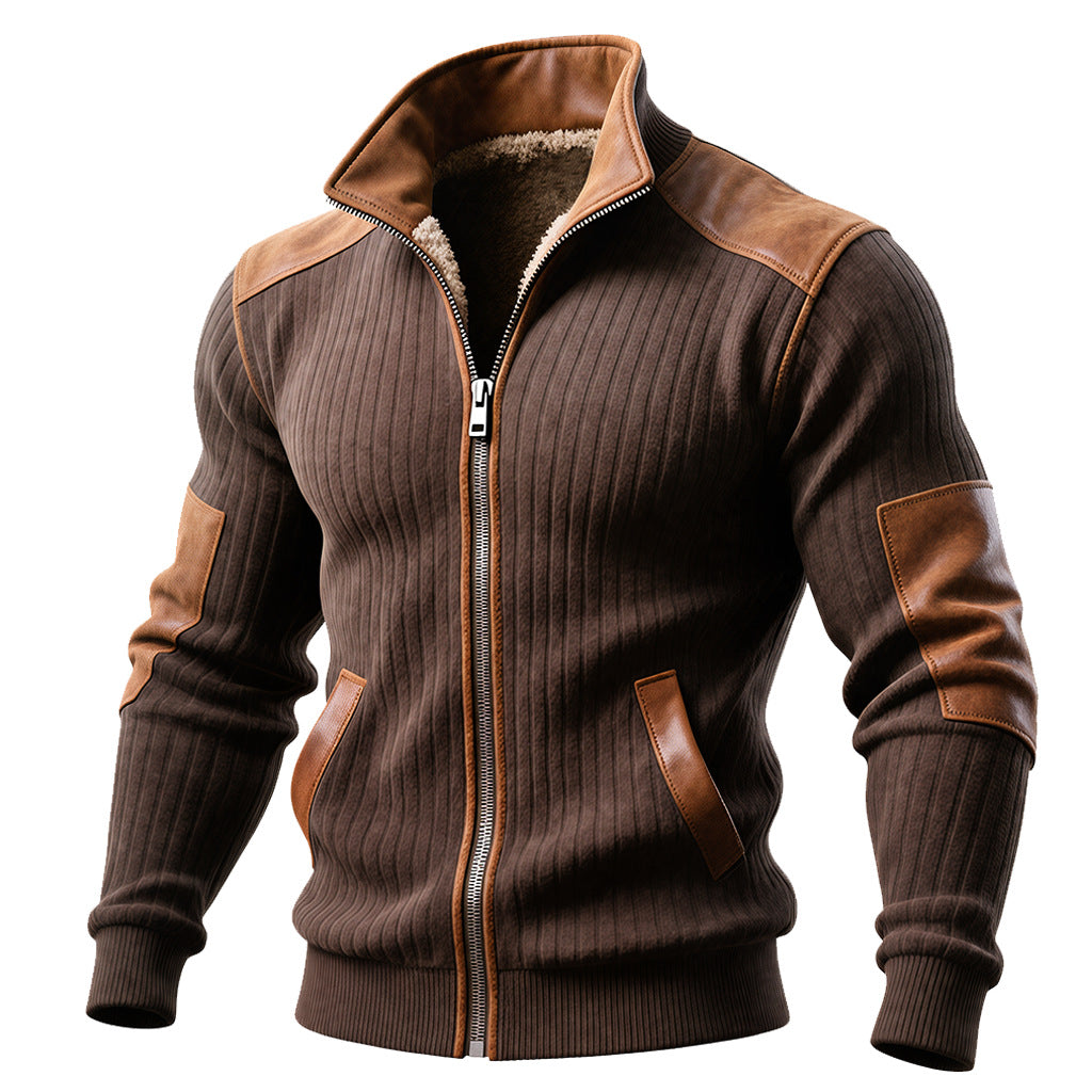 Men's brown ribbed zip-up jacket with tan leather patches and plush inner lining