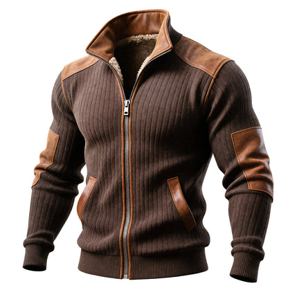 Men's brown ribbed zip-up jacket with tan leather patches and plush inner lining