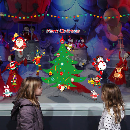 Two children looking at a Christmas-themed window display with balloons, dolls, and animated holiday illustrations