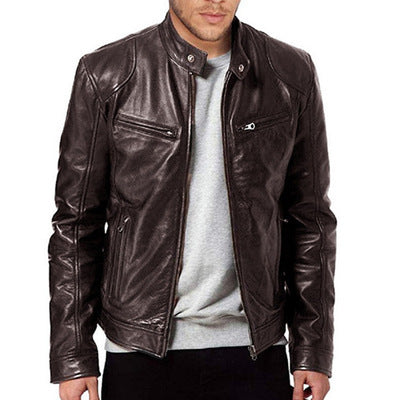 PU Leather Jacket Slim Fit Zipper Front Coat For Men - Business Style