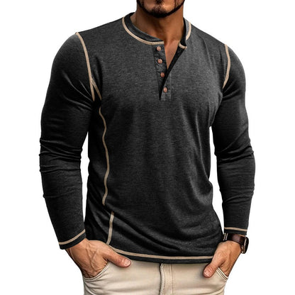 Mens dark gray long sleeve henley shirt with beige stitch contrast and buttoned neckline