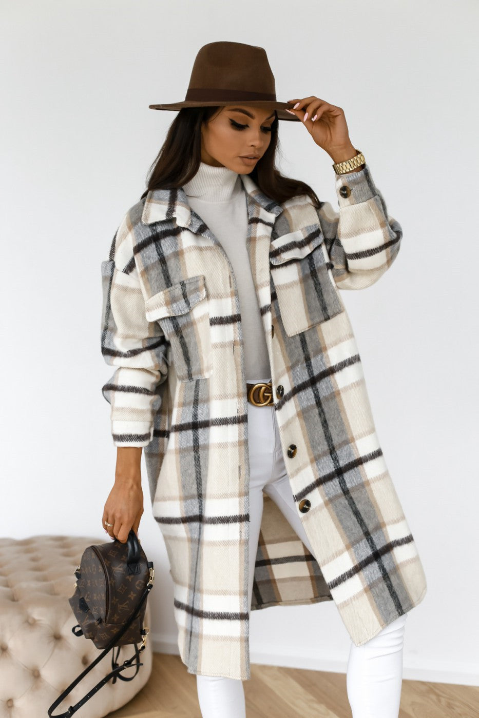 Woolen Coat - Casual Plaid Medium Length Button Front Outerwear