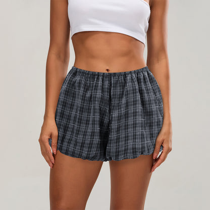 Women's Plaid Shorts - Casual Elastic Waist Summer Bloomers With Fold Detail