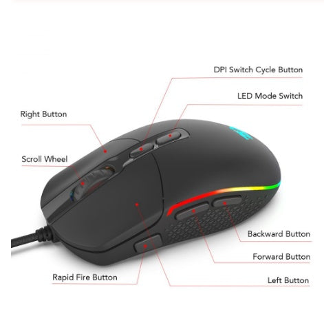 Black gaming mouse with DPI switch, LED mode switch, scroll wheel, rapid fire, forward, backward, left, and right buttons