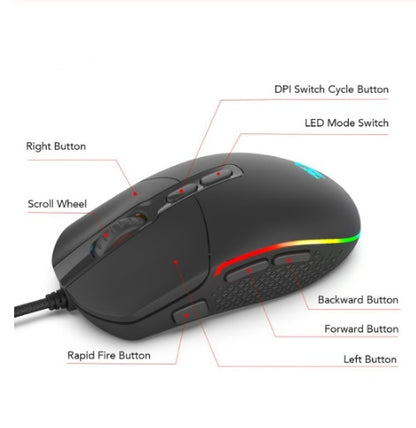 Black gaming mouse with DPI switch, LED mode switch, scroll wheel, rapid fire, forward, backward, left, and right buttons