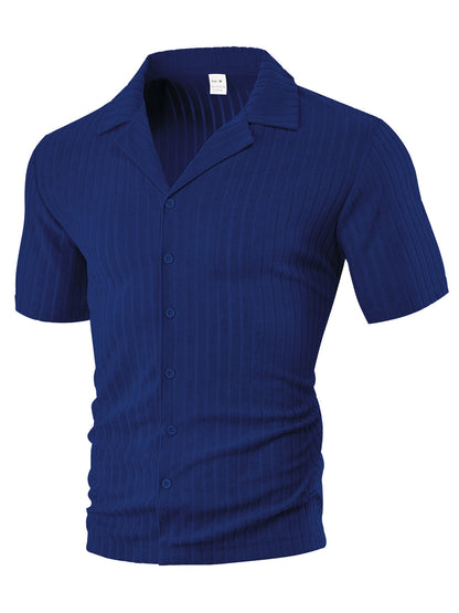 Men's slim-fit short sleeve blue ribbed button-up shirt with collar