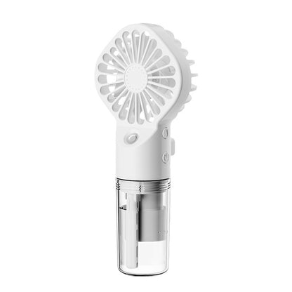 White handheld mini fan with water tank for misting, portable cooling device