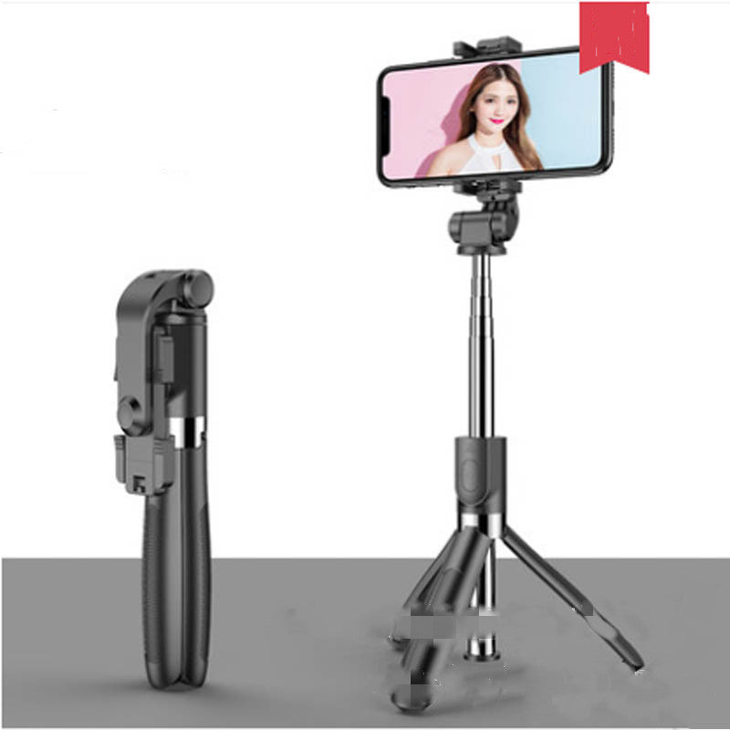 Black foldable selfie stick tripod with smartphone holder and extended telescopic pole