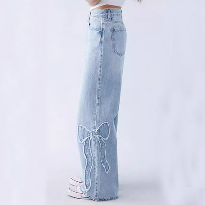 Women's Straight Trousers - Light Blue Denim Embroidered Butterfly Design