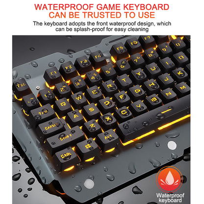 Waterproof gaming keyboard with orange backlit keys and water droplets, splash-proof design