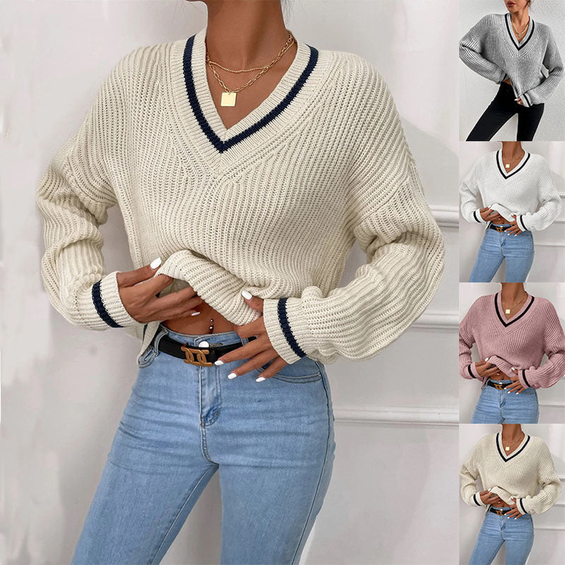 Cable Knit Sweater Women’s Winter V Neck Striped Pullover Top – Cozy Casual Jumper