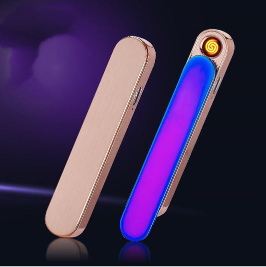 Rose gold sleek electric arc lighter with glowing coil and blue light on black background