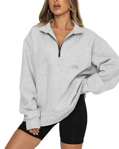 Women Zip Sweatshirt - Loose Pullover With Turndown Collar | Casual Tops