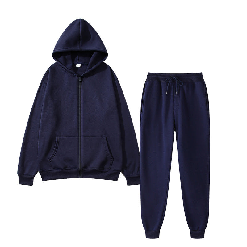 Navy blue zip-up hoodie and matching jogger sweatpants set on white background