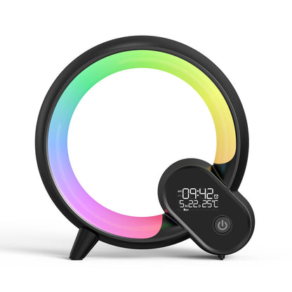 Modern circular LED desk clock with color gradient light and digital time, date, temperature display