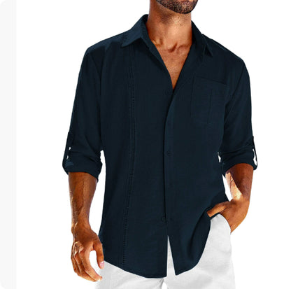 Long Sleeve Shirt With Pocket Lace Collar | Men's Casual Cotton Blend Polo