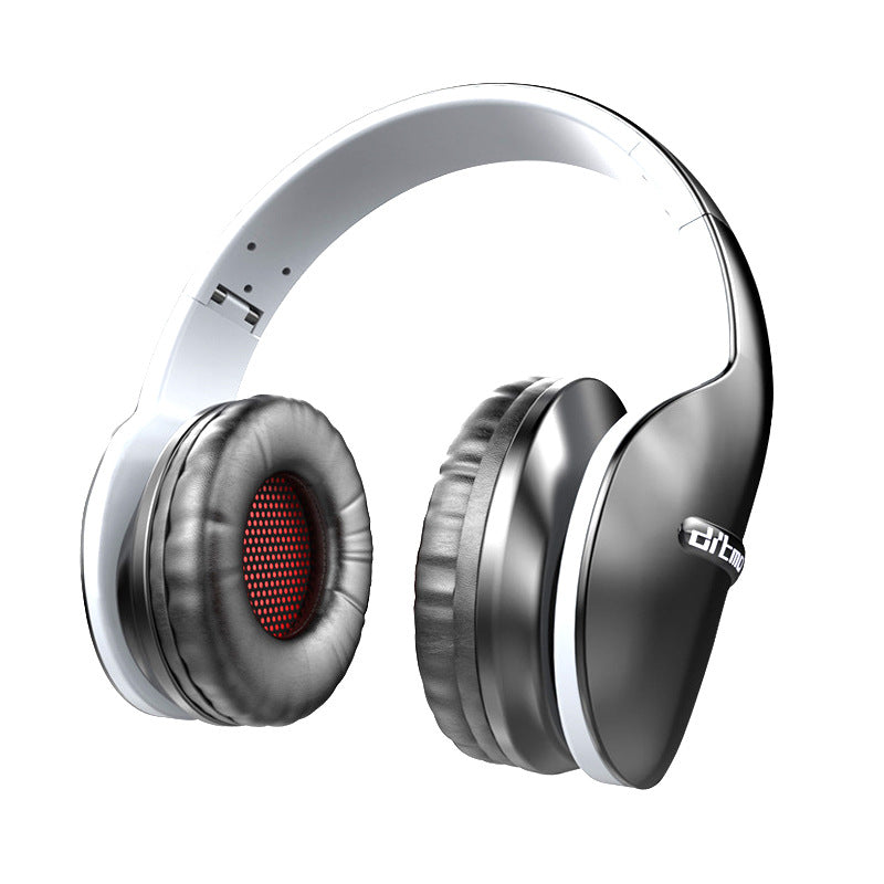 Over-ear wireless headphones with black ear cushions, red mesh detail, and white adjustable headband