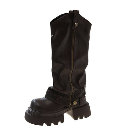 Below Knee Boots | Women's Black Leather Thick Sole Footwear With Rubber Sole