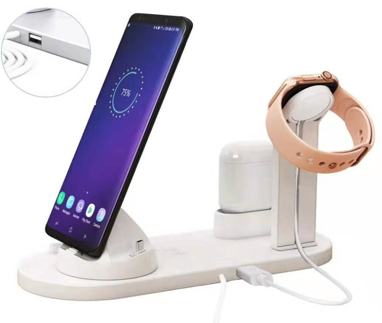 3-in-1 wireless charging station with smartphone, smartwatch, and wireless earbuds