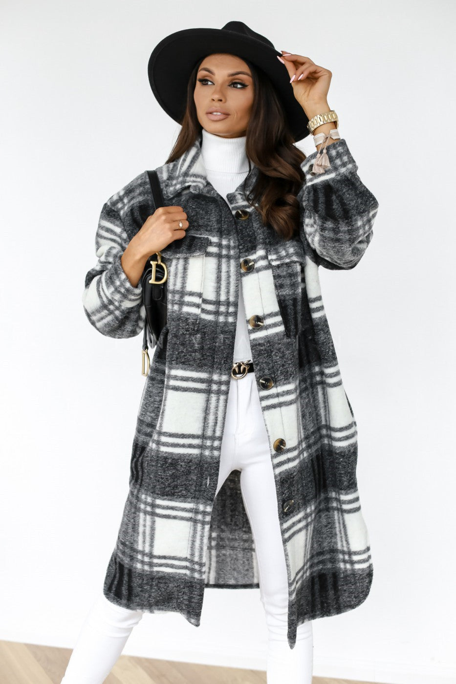 Woolen Coat - Casual Plaid Medium Length Button Front Outerwear